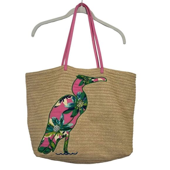 Vera Bradley Seashort Tropical Paradise Straw Tote Bag Applique Heron Bird - Picture 1 of 6